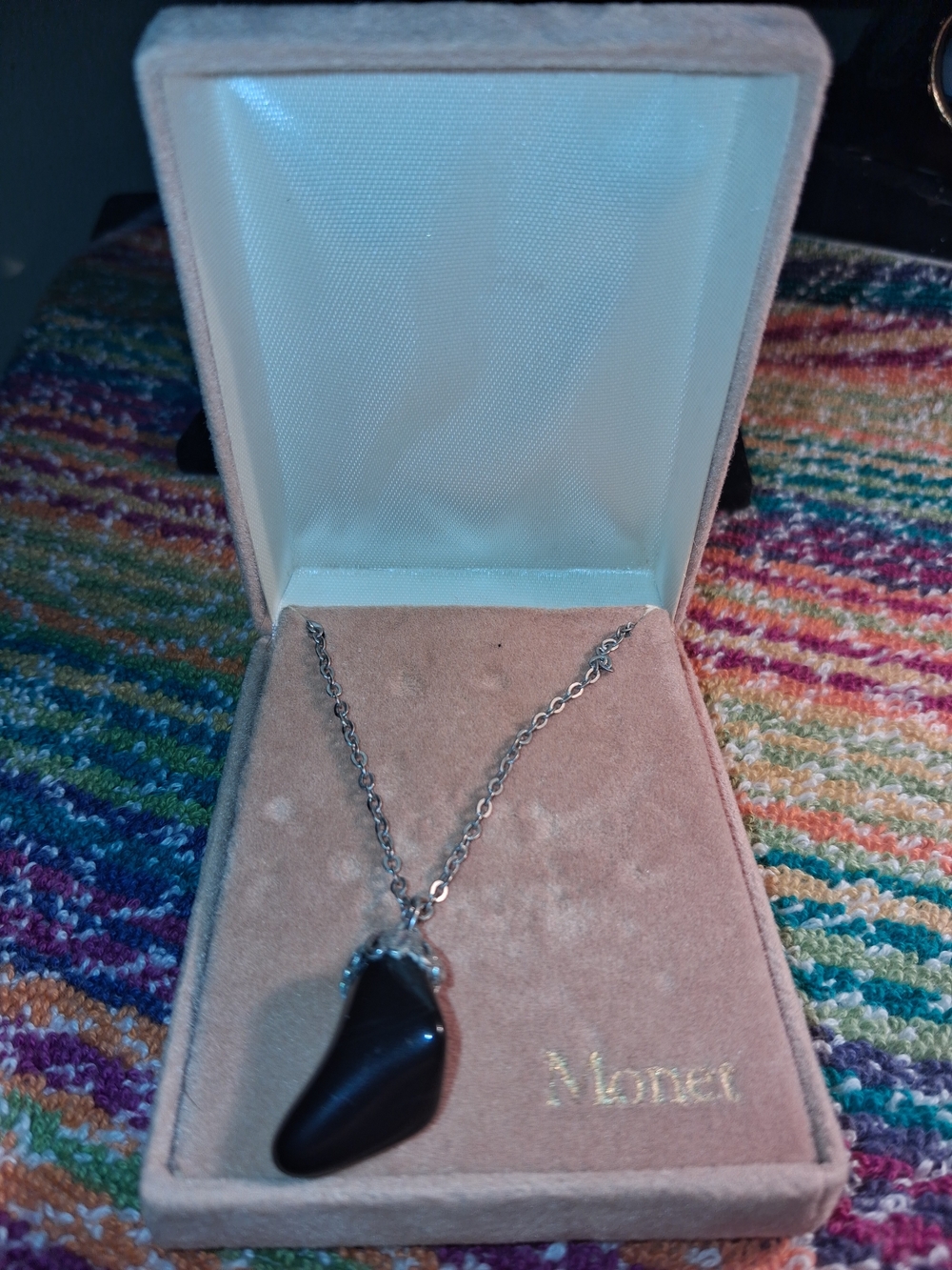 Monet Silver-Tone Black Stone Pendant Necklace with Original Box